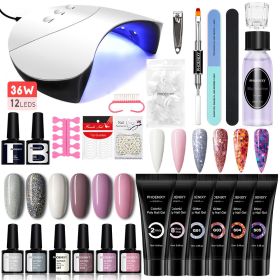 Manicure Set Poly Extension Nail Kit Gel Nails Complete Kit Gel For Extension Semi Permanent UV Varnish Kit Nail Tools Sets (Color: 36W 12PC Set5)