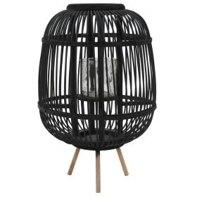 Freestanding Candle Lantern Holder Bamboo Black (Color: Black)