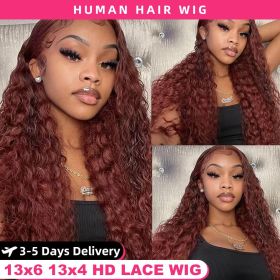 30 34 Inch Reddish Brown Deep Wave Frontal Wig 13X6 HD Lace Frontal Wig Colored Deep Wave 13x4 Lace Front Human Hair Wigs (Hair Color: 13x4 Frontal Wig, Stretched Length, Density: 30inches, 180%)