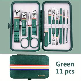 Premium Manicure Set - Stainless Steel Toe & Finger Nail Clippers, Files & Cutters - Perfect for Men & Women! (Color: Green 11 In 1)