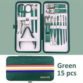 Premium Manicure Set - Stainless Steel Toe & Finger Nail Clippers, Files & Cutters - Perfect for Men & Women! (Color: Green 15 In 1)